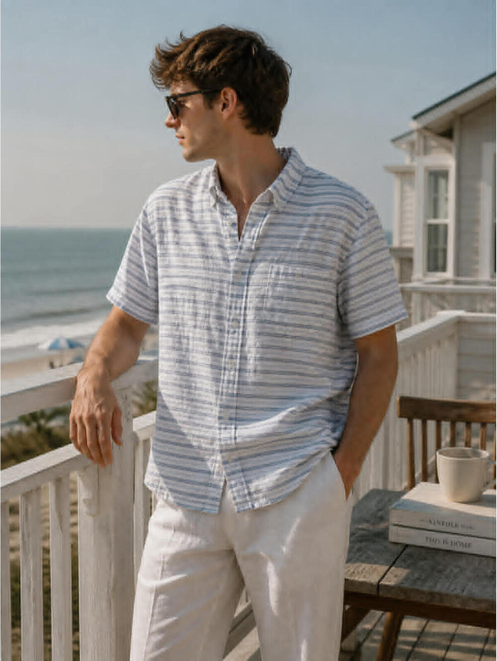 Weatherproof Linen Shirt Men XL Blue White Coastal Light Academia Preppy Stripes